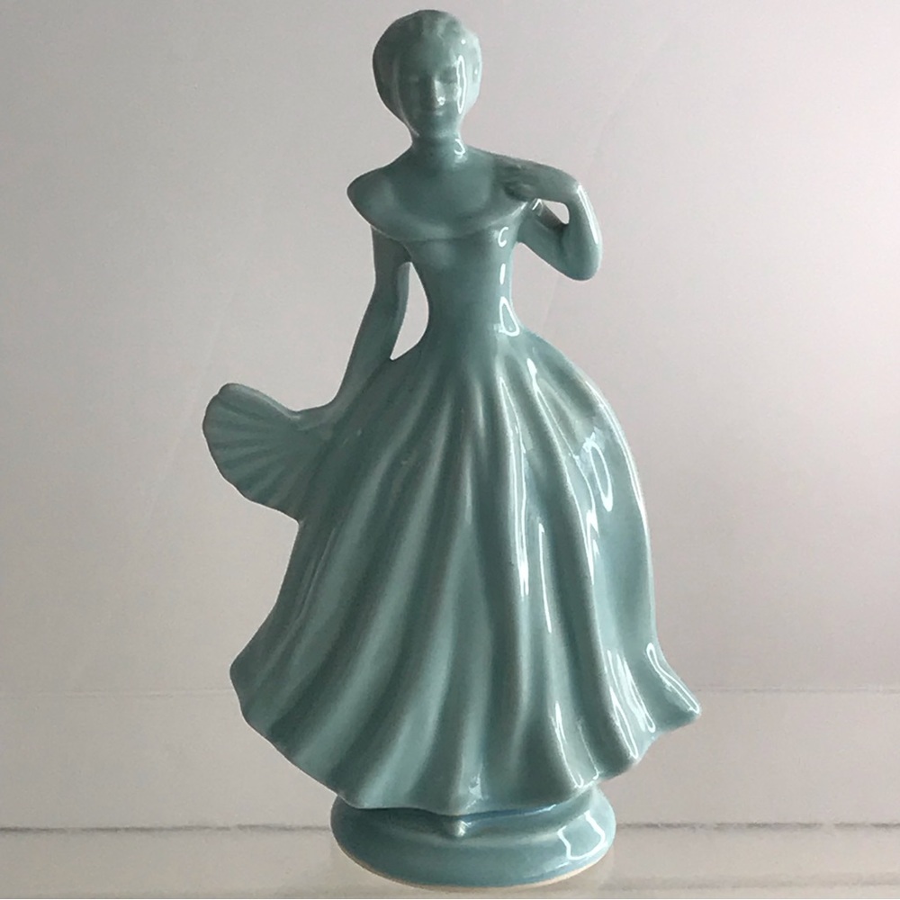 Victorian Style Mid Century Green Ceramic Lady With A Fan Figurine